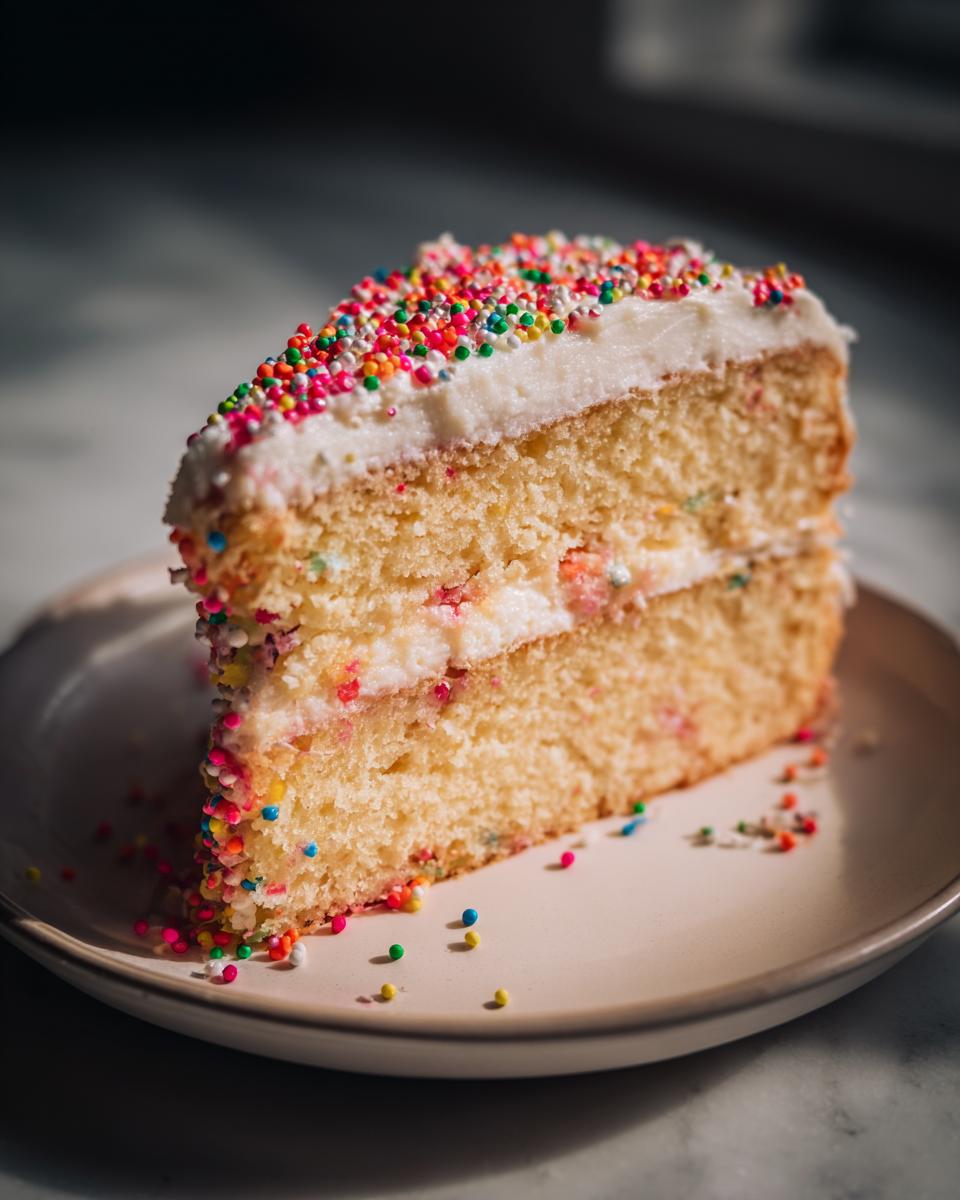 A festive slice of New Years cake, featuring vanilla cake with colorful sprinkles and white frosting.