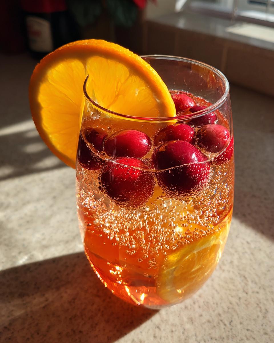 A refreshing new years drink with cranberries and orange slices, garnished with an orange wedge.