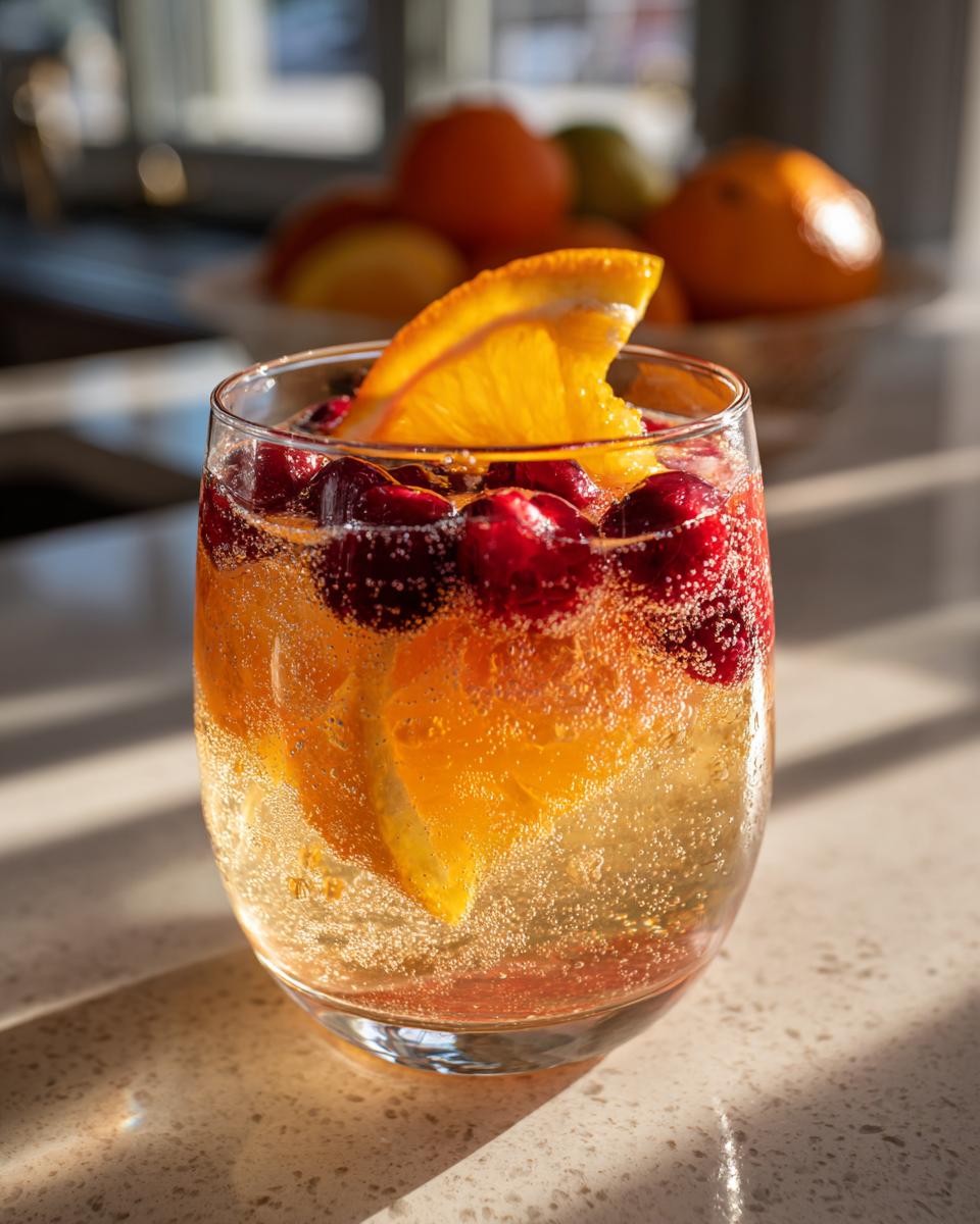A refreshing new years drink with orange slices, cranberries, and bubbles in a glass.