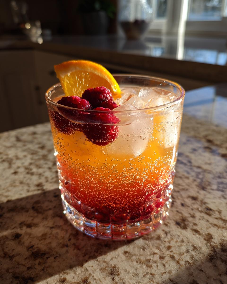 A refreshing new years drink with raspberries, orange slice, ice, and bubbles in a crystal glass.