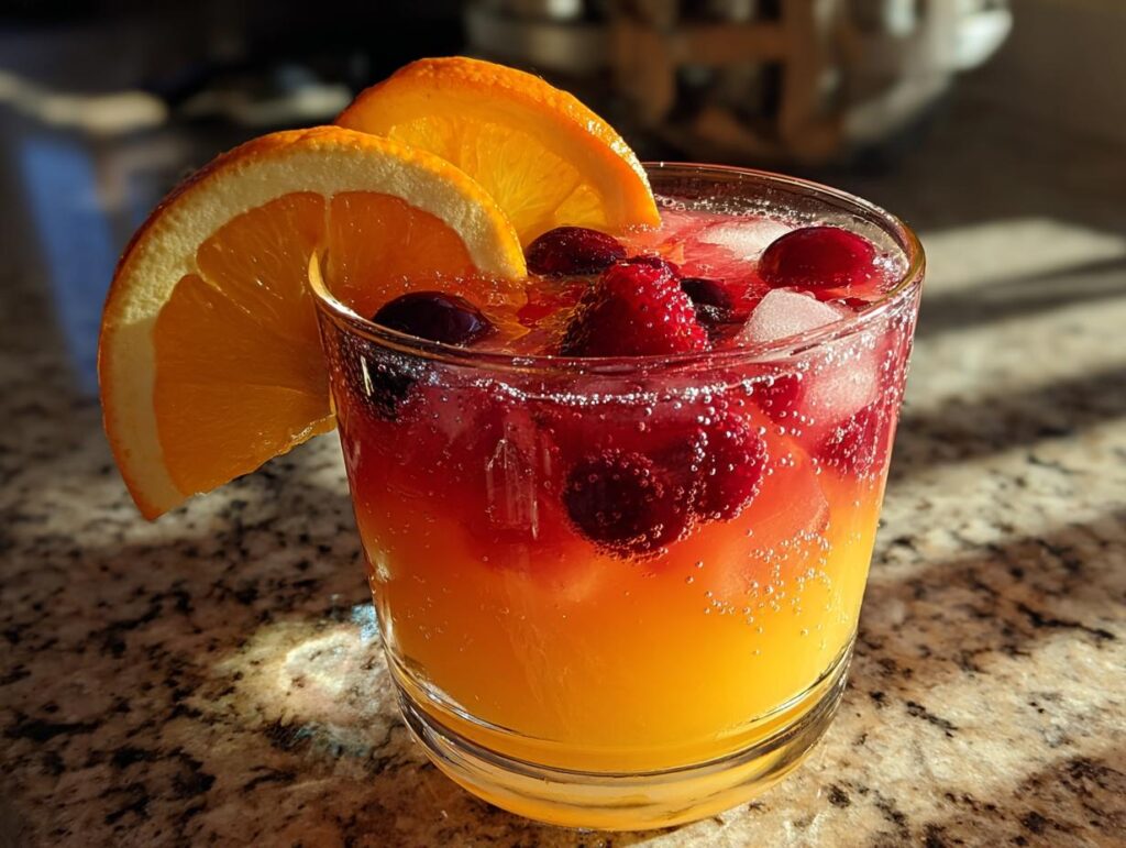 A refreshing new years drink in a glass, layered with orange juice and a red berry mixture, garnished with orange slices and whole berries.