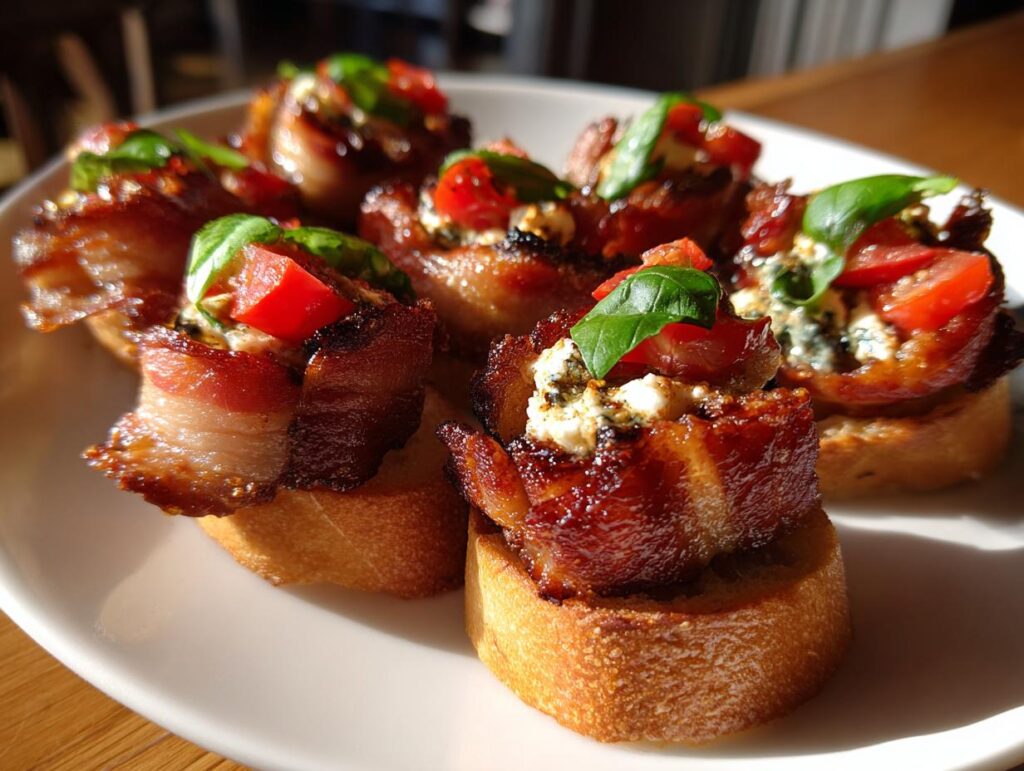 Close-up of New Years Eve appetizers: bacon-wrapped bites on toasted bread with tomatoes, cheese, and basil.