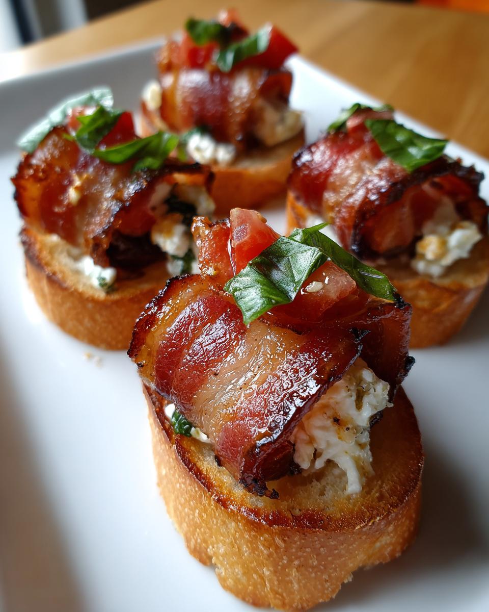 Close-up of bacon-wrapped appetizers with cheese, tomato, and basil on toasted bread, perfect for new years eve appetizers.