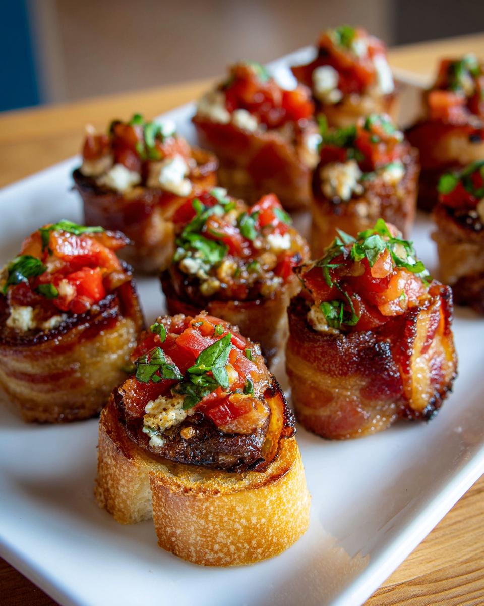 Close-up of delicious new years eve appetizers: bacon-wrapped bites topped with diced tomatoes and cheese.
