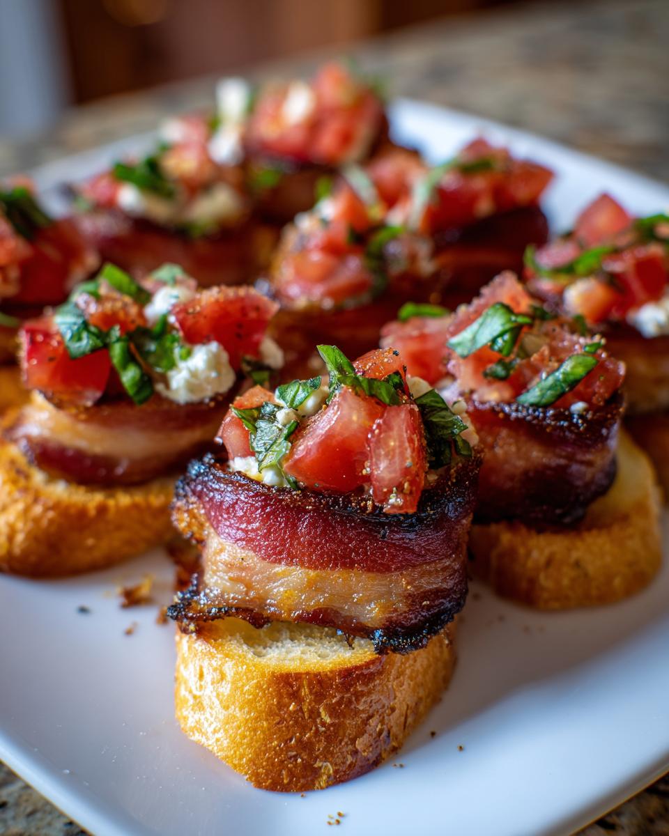 Close-up of delicious new years eve appetizers: bacon-wrapped crostini topped with fresh tomatoes, cheese, and basil.