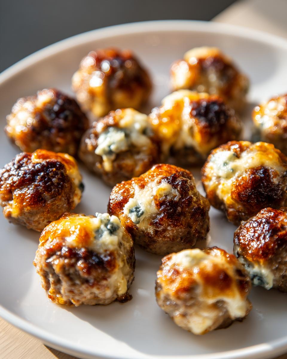 Close-up of cheesy meatballs, perfect for New Years Eve food, served on a white plate.