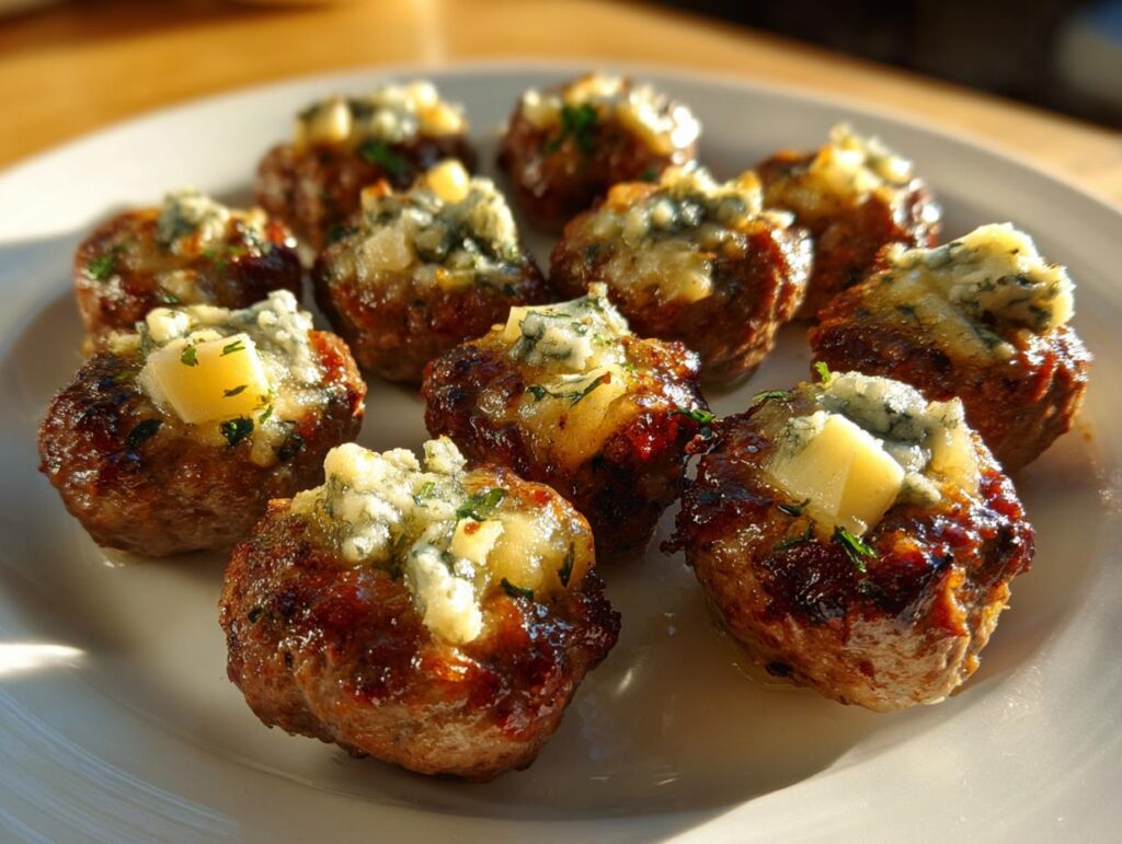 Close-up of savory meatballs topped with melted blue cheese and herbs, perfect for New Years Eve food.