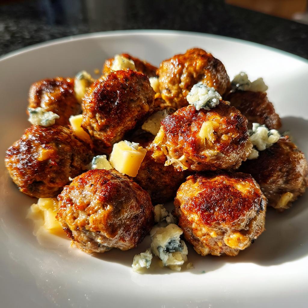 Close-up of delicious meatballs topped with chunks of cheese, perfect for New Years Eve food.