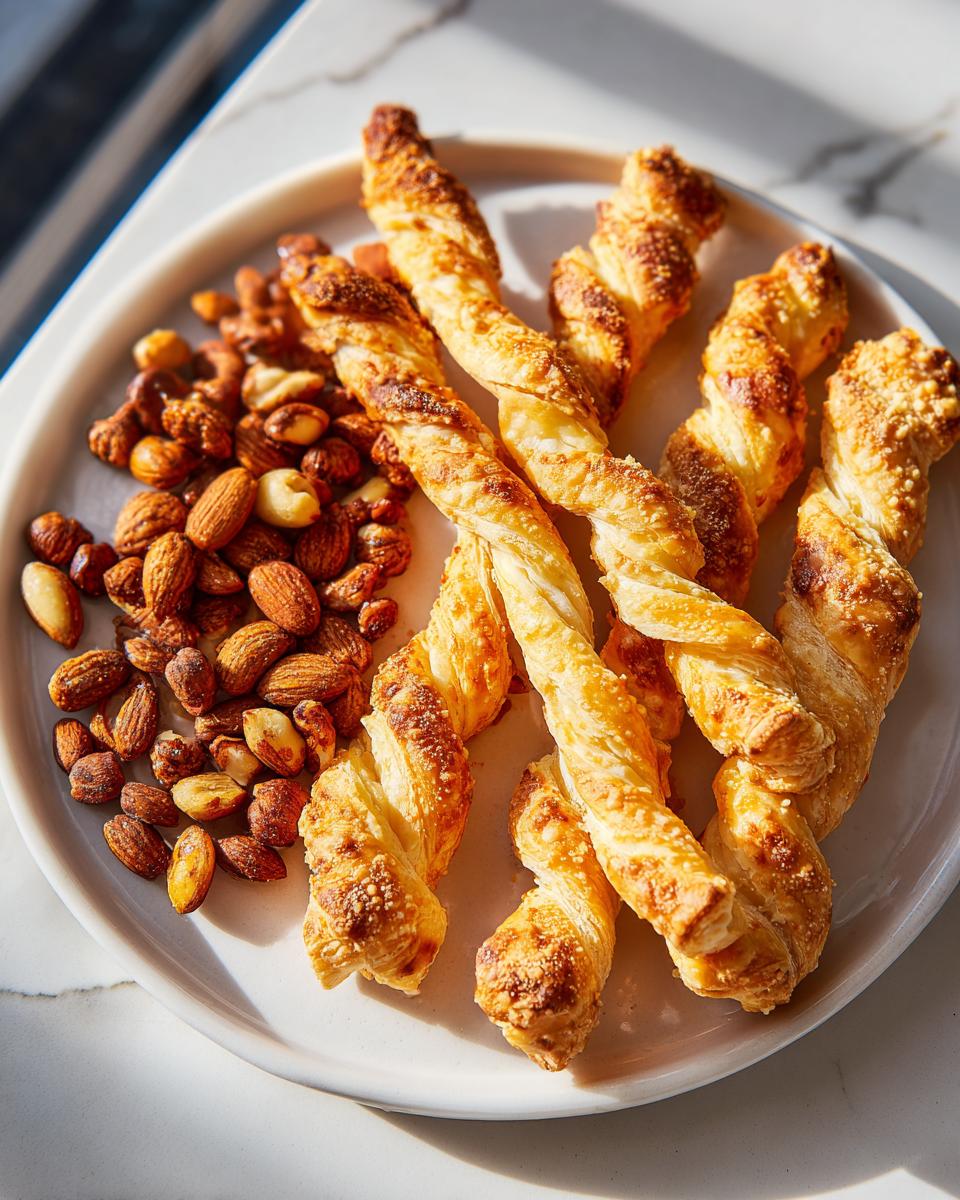 A platter of golden, twisted cheese breadsticks and a pile of roasted almonds, perfect new year's eve snacks.