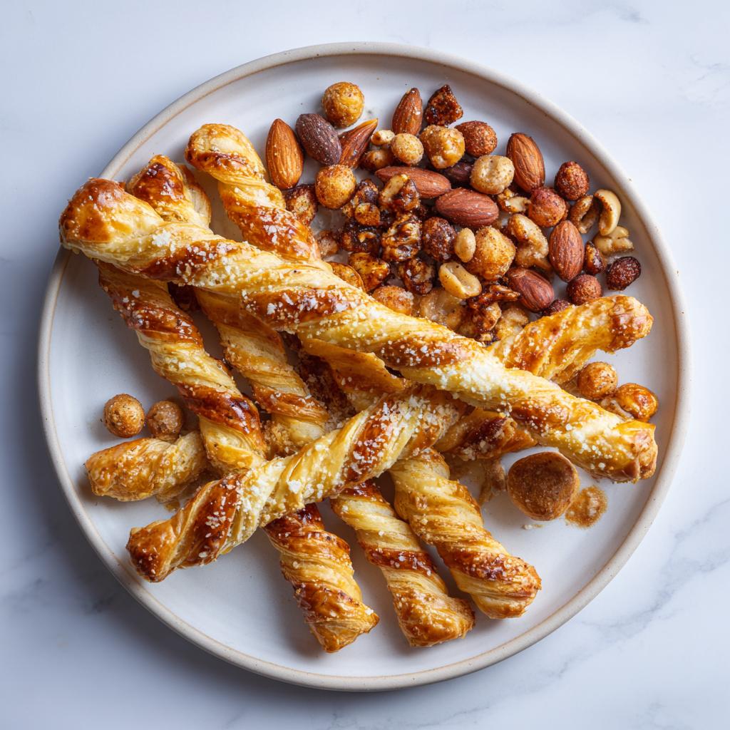 A plate of golden-brown cheese twists and mixed nuts, perfect for New Years Eve snacks.