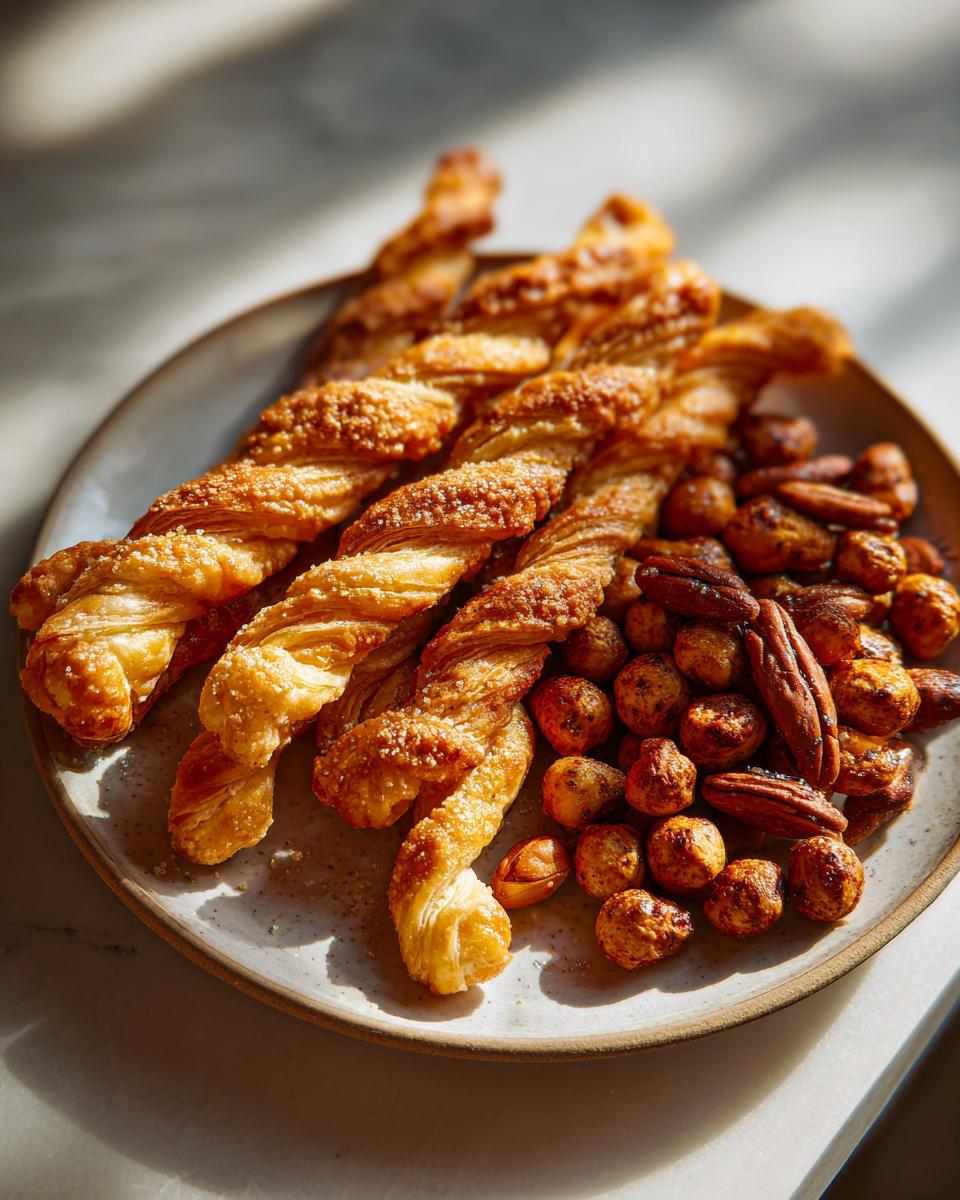 A close-up of golden, flaky pastry twists sprinkled with sugar, alongside a pile of spiced nuts, perfect for New Year's Eve snacks.