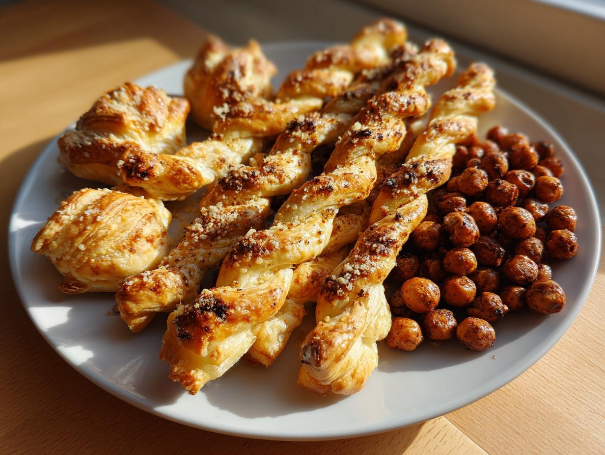 A plate of golden-brown puff pastry twists and spiced nuts, perfect for New Years Eve snacks.