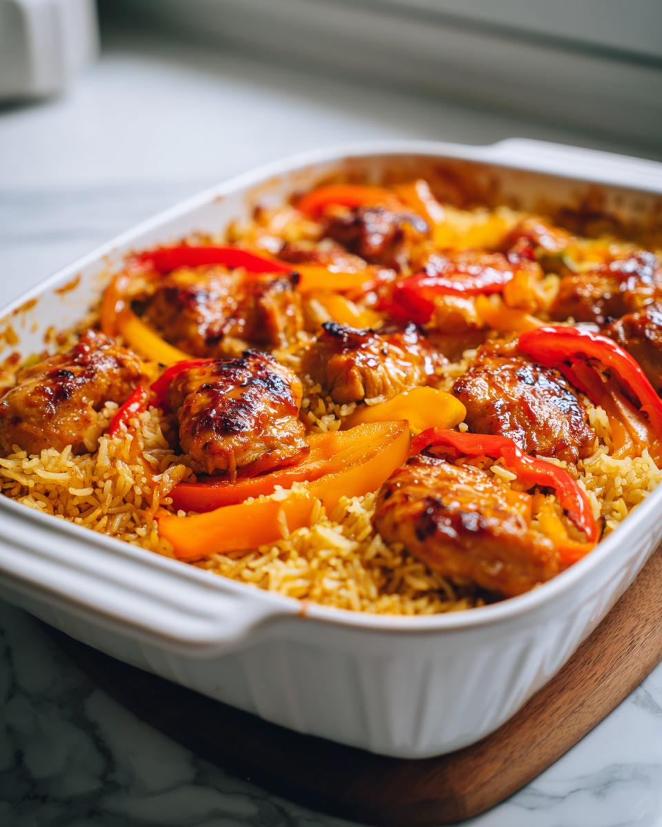 A white baking dish filled with flavorful rice, topped with glazed chicken pieces and colorful bell pepper slices, perfect new years food.