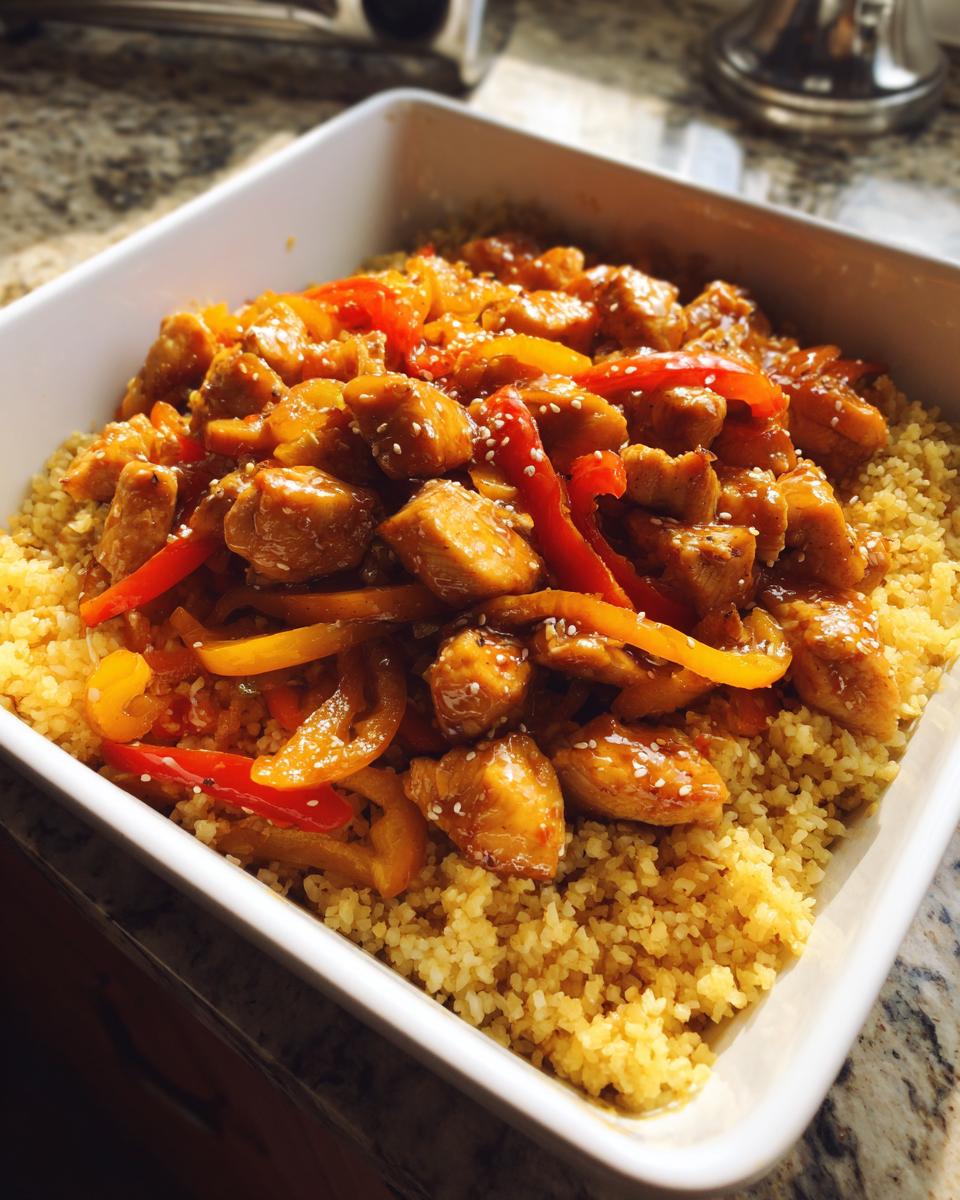 A vibrant dish of chicken stir-fry with bell peppers served over couscous, perfect for new years food.