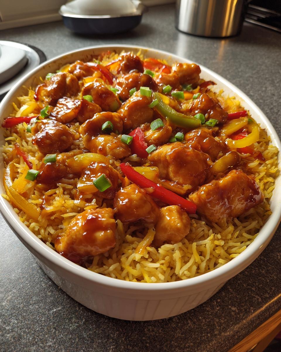 A white casserole dish filled with fluffy yellow rice topped with glazed sweet and sour chicken pieces and colorful bell peppers, a perfect new years food.