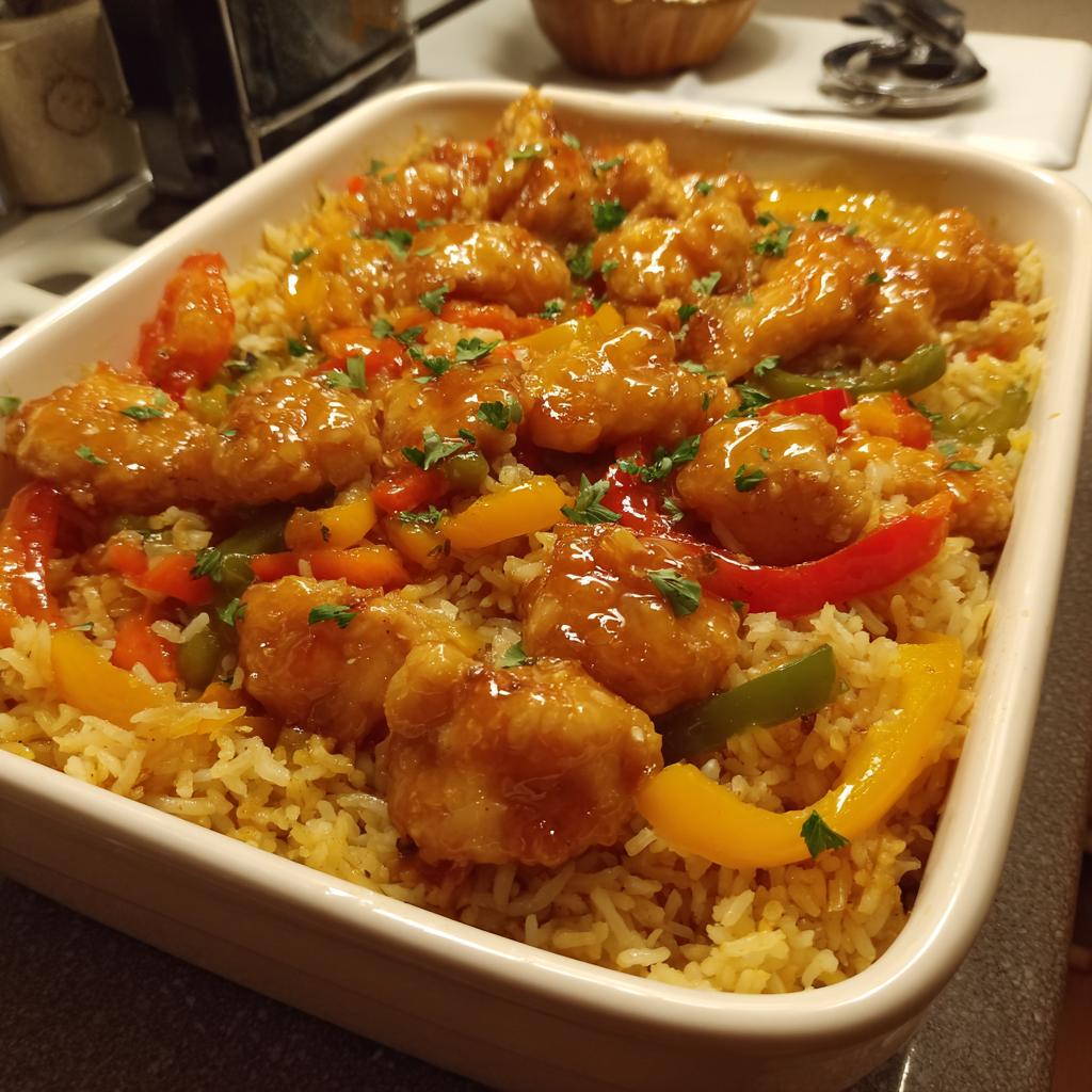 A white baking dish filled with fluffy rice, colorful bell peppers, and glazed sweet and sour chicken pieces, a perfect new years food.