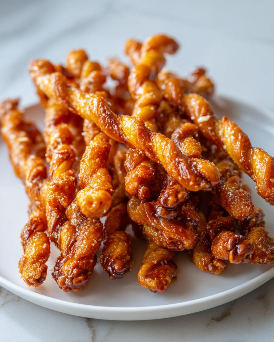 A pile of golden-brown, twisted, crispy snacks coated in glaze, perfect for new years snacks.