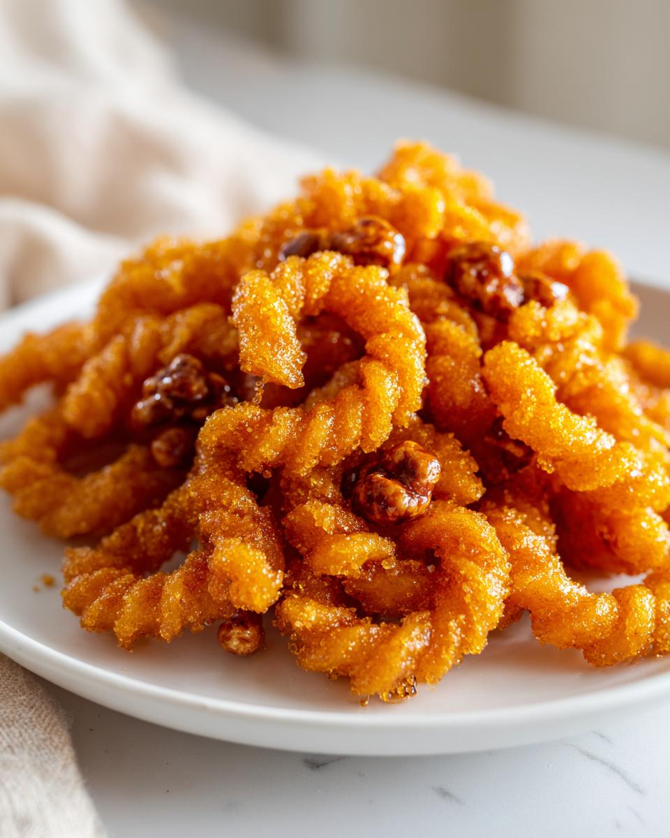 Close-up of golden, spiral-shaped new years snacks coated in syrup and topped with walnuts on a white plate.