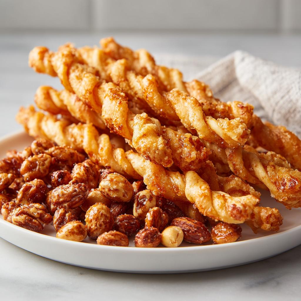 A plate of sweet and savory new years snacks, featuring twisted pastries and glazed nuts.