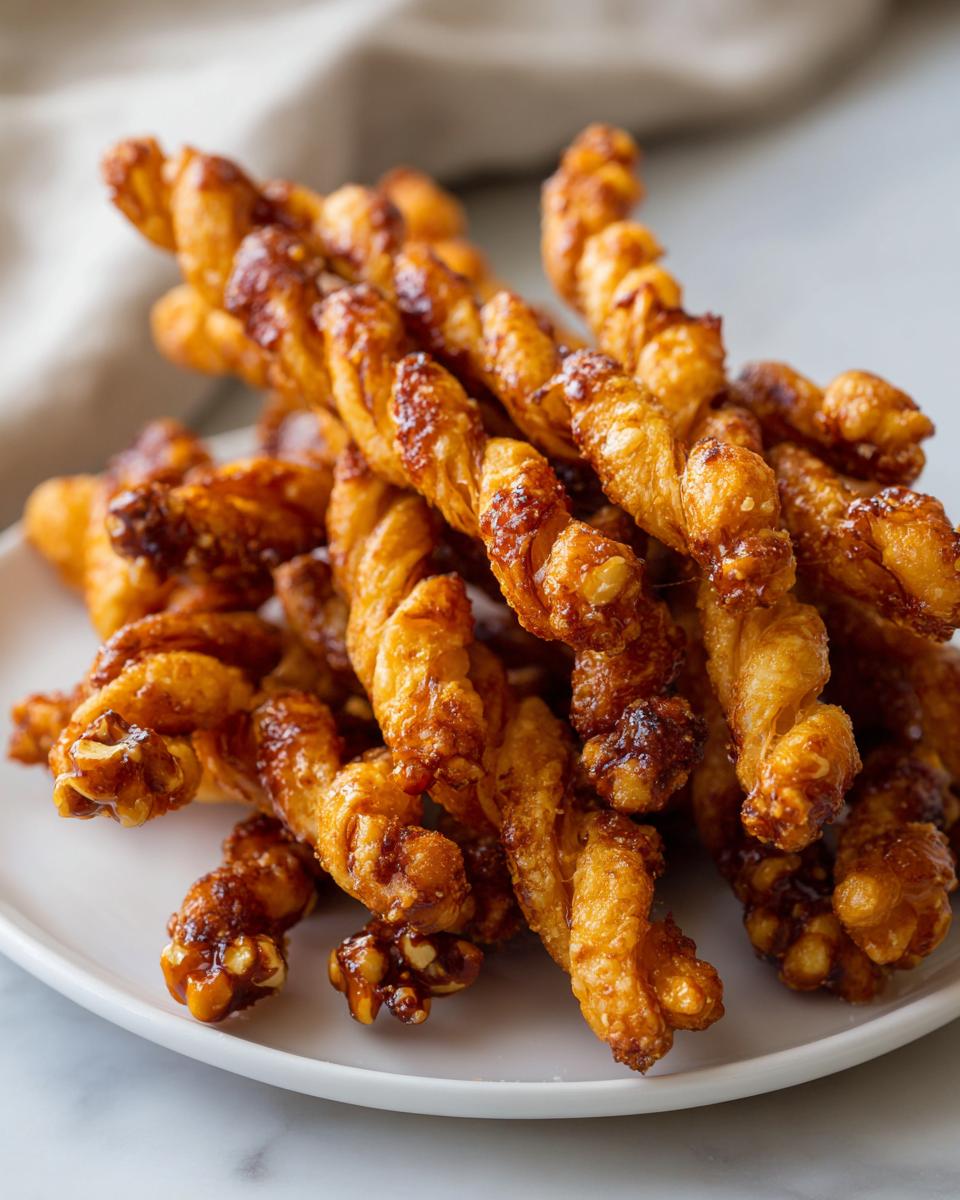 A pile of golden-brown, twisted pastry snacks, perfect for new years snacks, glistening with a sweet glaze.