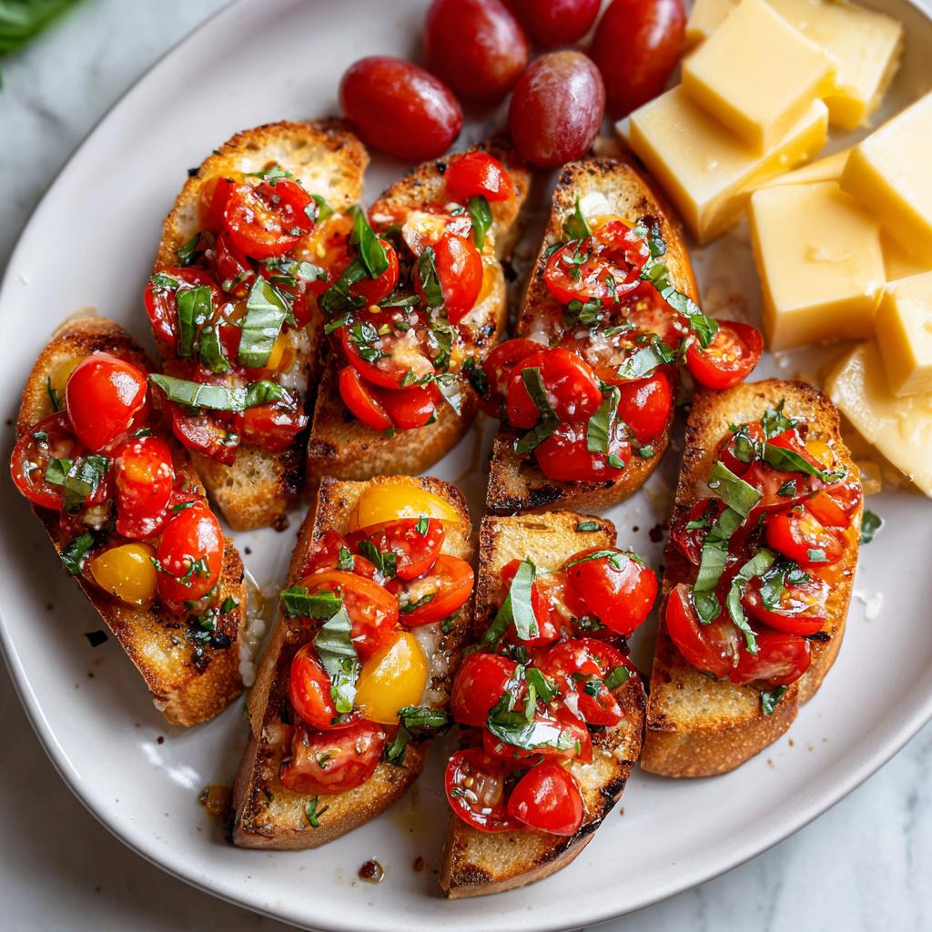 Close-up of easy NYE appetizers: fresh tomato bruschetta on toasted bread with basil, served with cheese cubes and grapes.