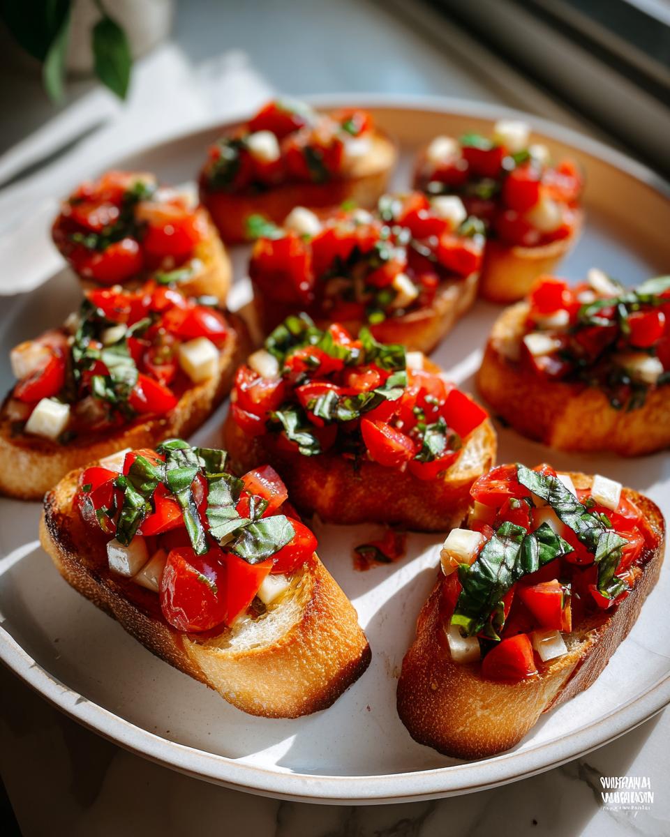Close-up of fresh tomato and basil bruschetta, perfect for easy NYE appetizers.