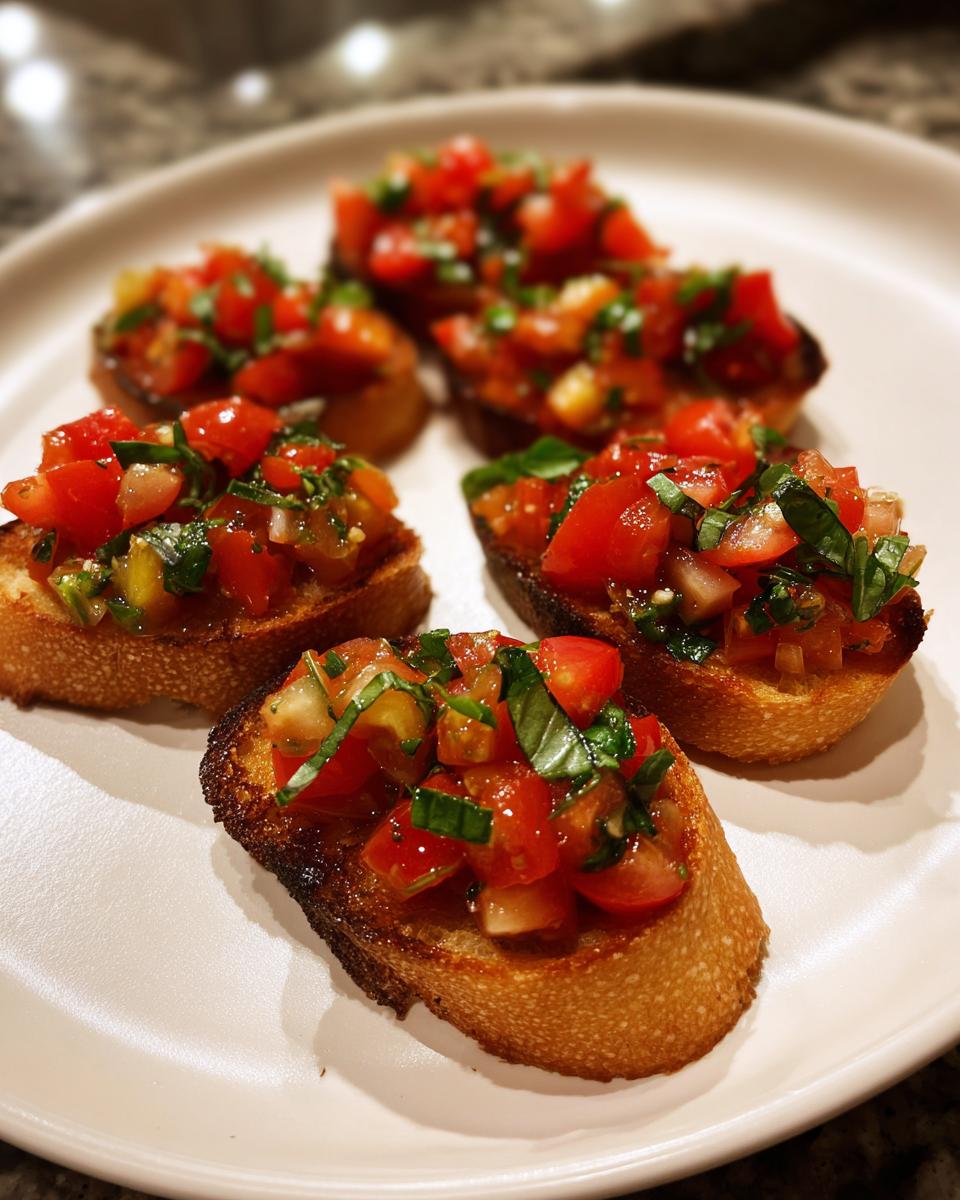 A plate of fresh tomato bruschetta, a perfect example of easy NYE appetizers, topped with chopped tomatoes and basil.