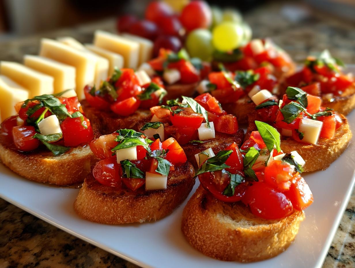 Close-up of easy NYE appetizers: tomato and basil bruschetta on toasted bread, with cheese and grapes in the background.