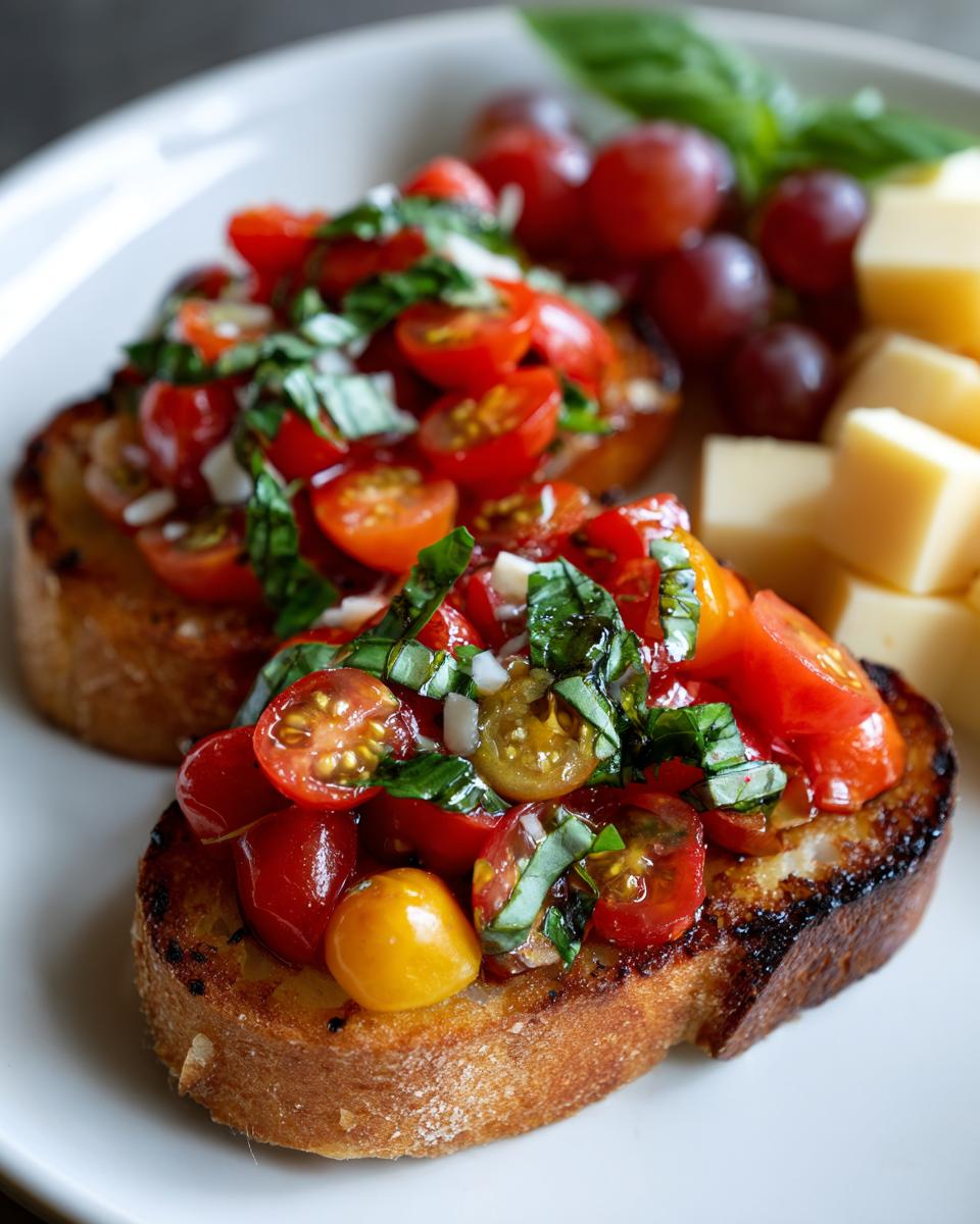 Close-up of two easy NYE appetizers: tomato bruschetta topped with fresh basil and garlic, served with grapes and cheese.