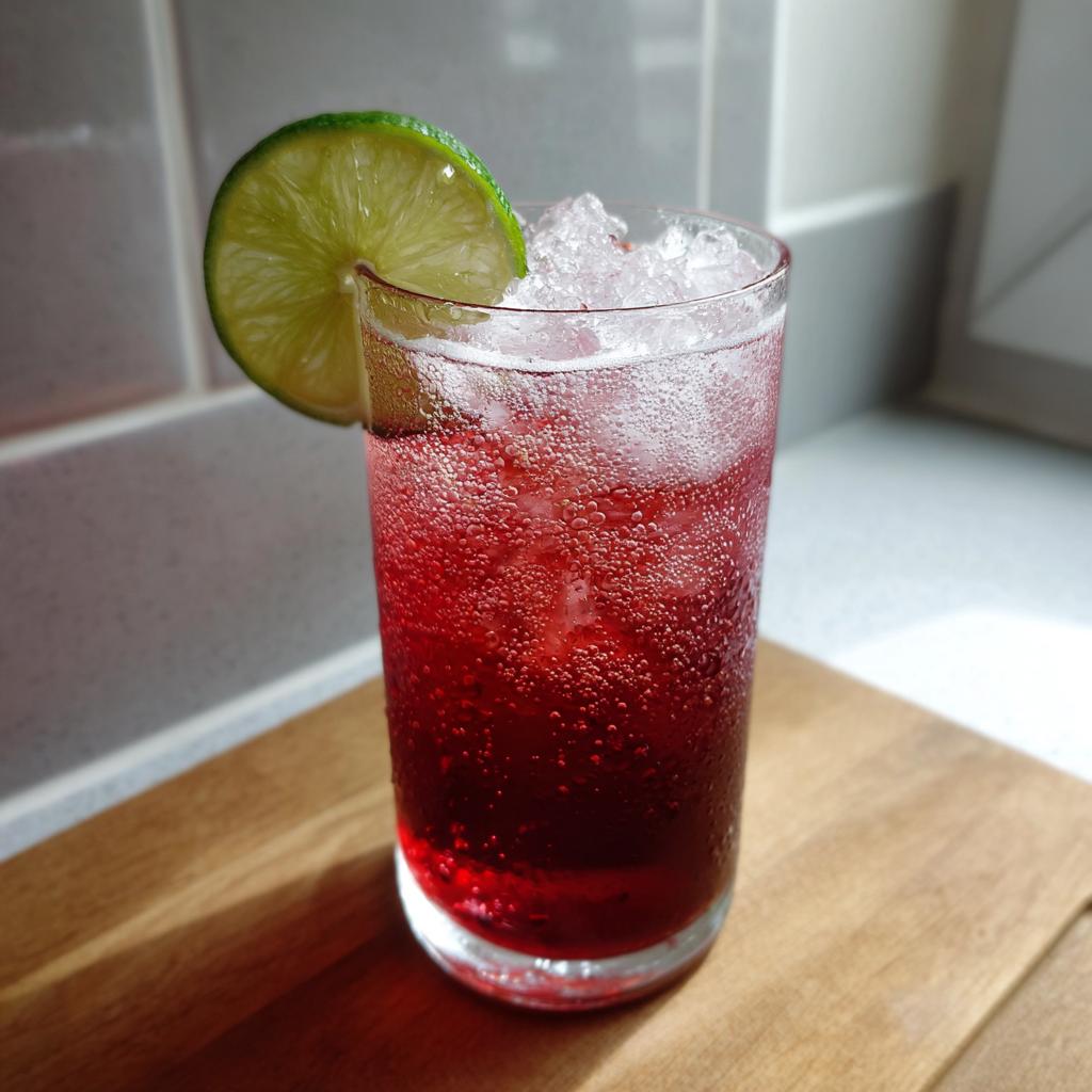 A tall glass filled with a bubbly, deep red NYE cocktail, crushed ice, and a lime wedge garnish.