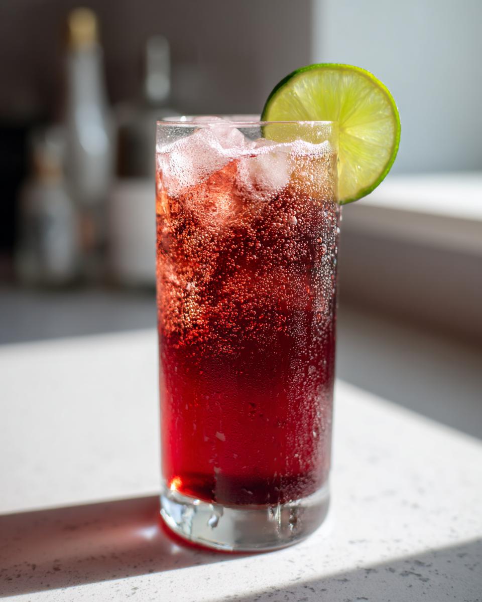 A tall glass filled with a sparkling red NYE cocktail, ice, and a lime slice garnish.