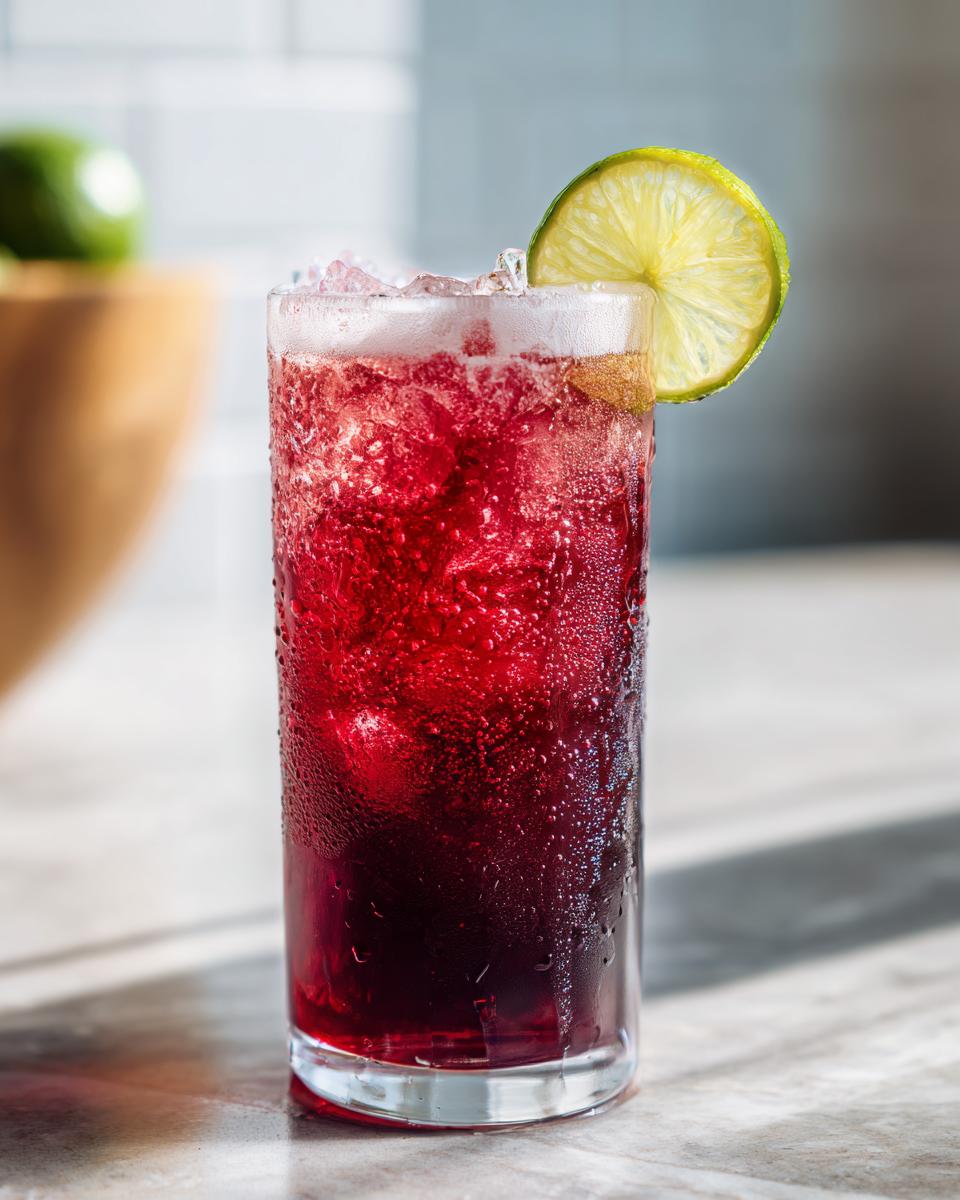 A tall glass filled with a sparkling red NYE cocktail, ice, and a lime slice garnish.
