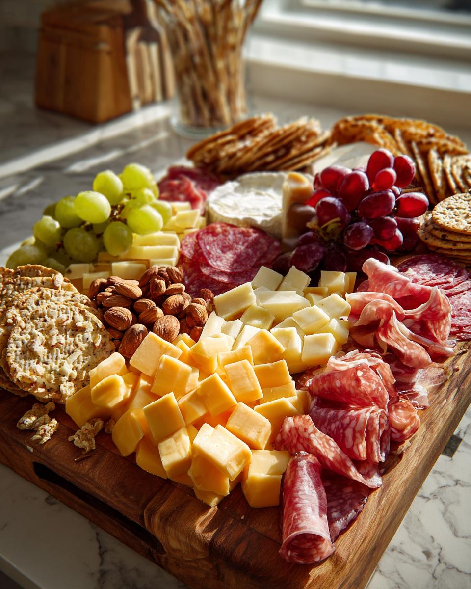 A stunning charcuterie board with various cheeses, cured meats, grapes, nuts, and crackers, perfect for NYE food ideas.