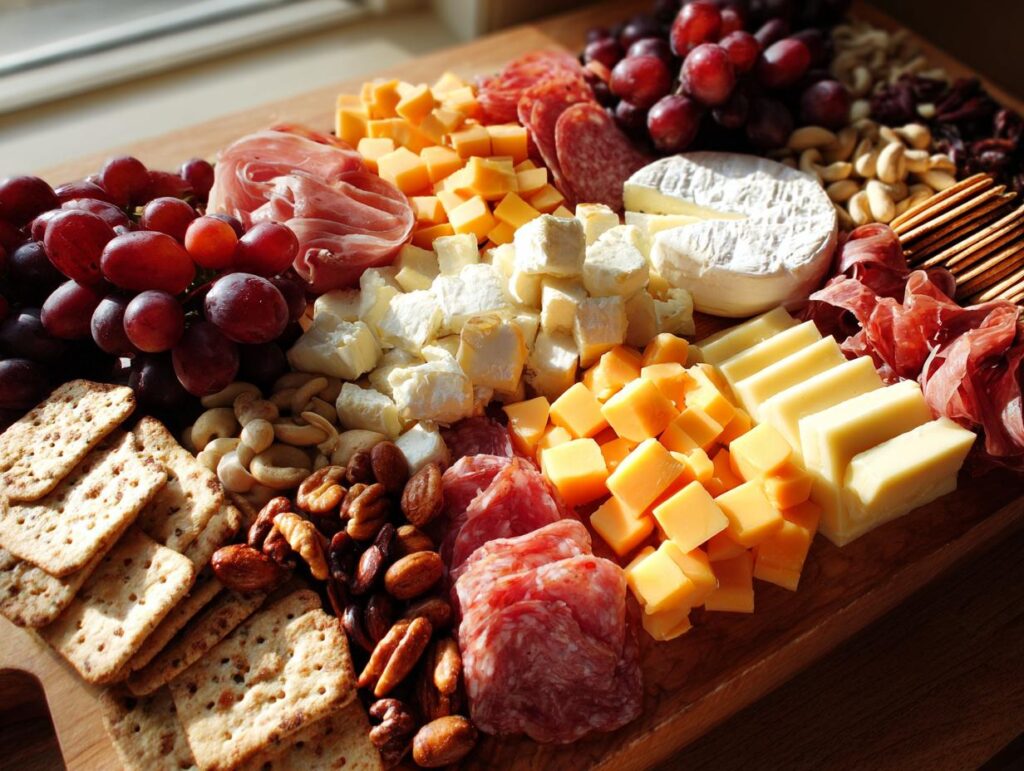 A beautiful and abundant charcuterie board with grapes, cheese, salami, nuts, and crackers, perfect for NYE food ideas.