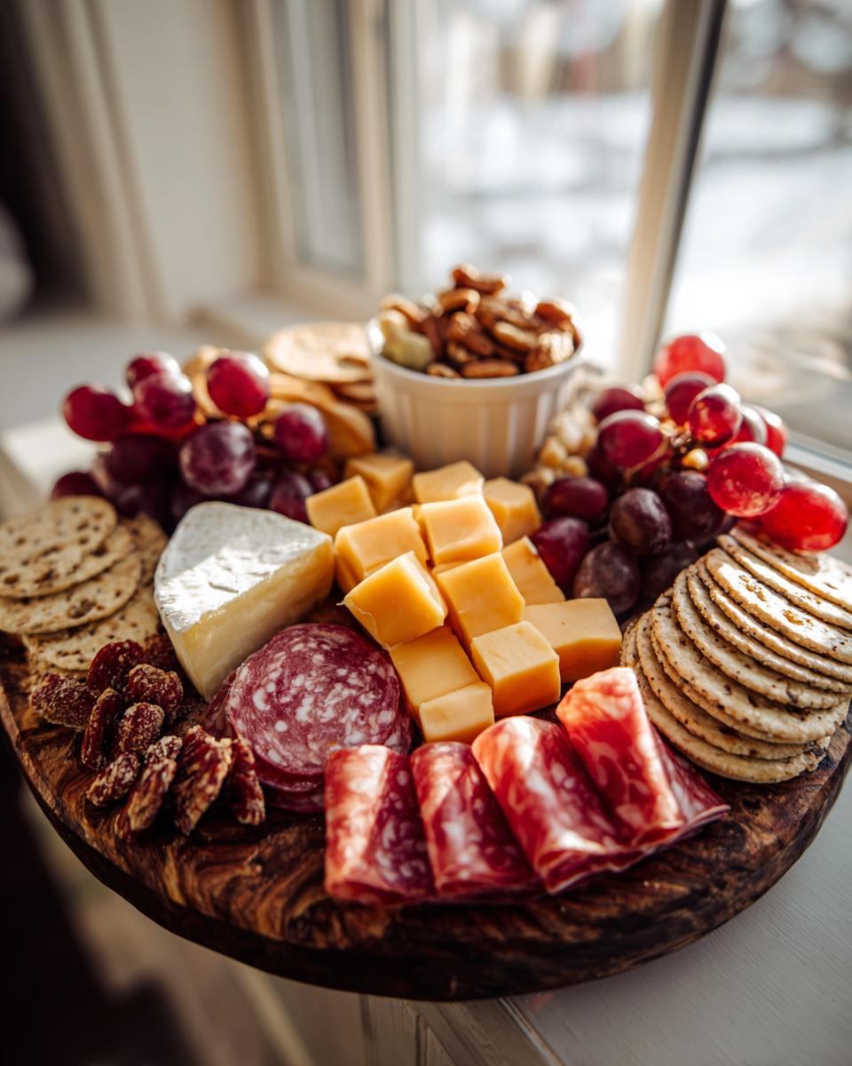 A beautifully arranged charcuterie board featuring cubed cheese, salami, grapes, crackers, and nuts, perfect for NYE food ideas.