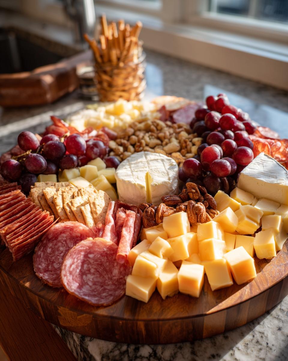 A beautiful and abundant cheese and charcuterie platter, perfect for NYE food ideas, featuring various cheeses, meats, grapes, nuts, and crackers.