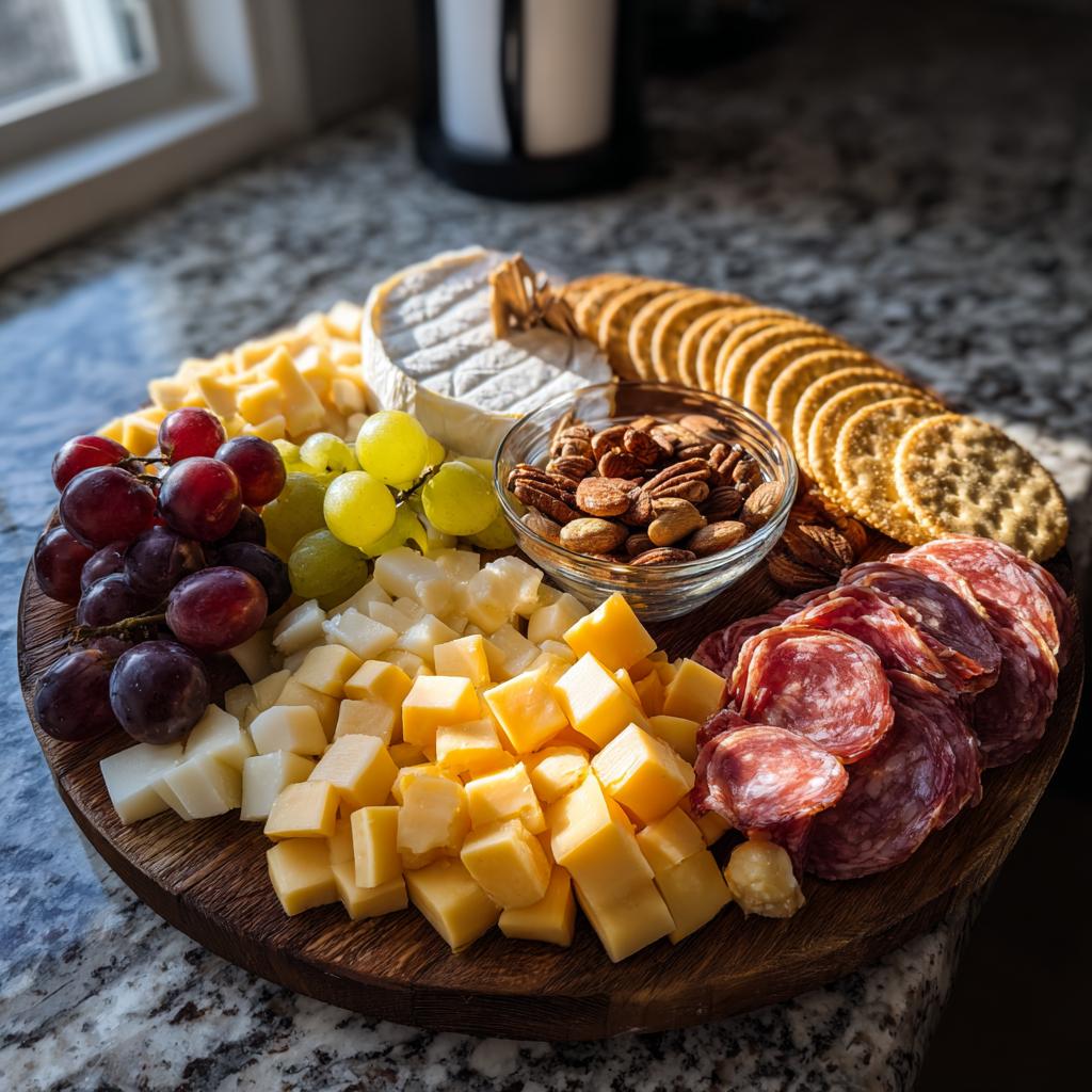 A festive cheese and charcuterie platter with various cheeses, grapes, salami, crackers, and nuts, perfect for NYE food ideas.