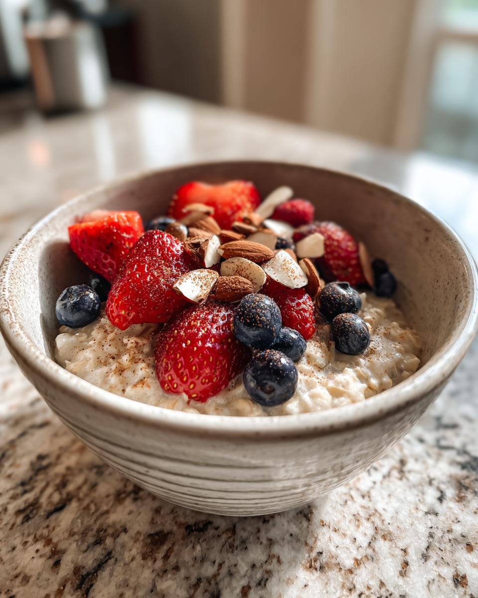 Close-up of a bowl of oatmeal topped with fresh strawberries, blueberries, almonds, and a sprinkle of cinnamon, perfect for healthy breakfast ideas.