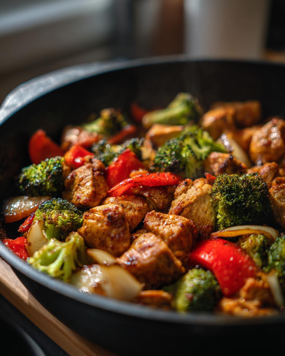 Skillet with cooked chicken pieces, broccoli, red bell peppers, and onions for chicken dinner ideas