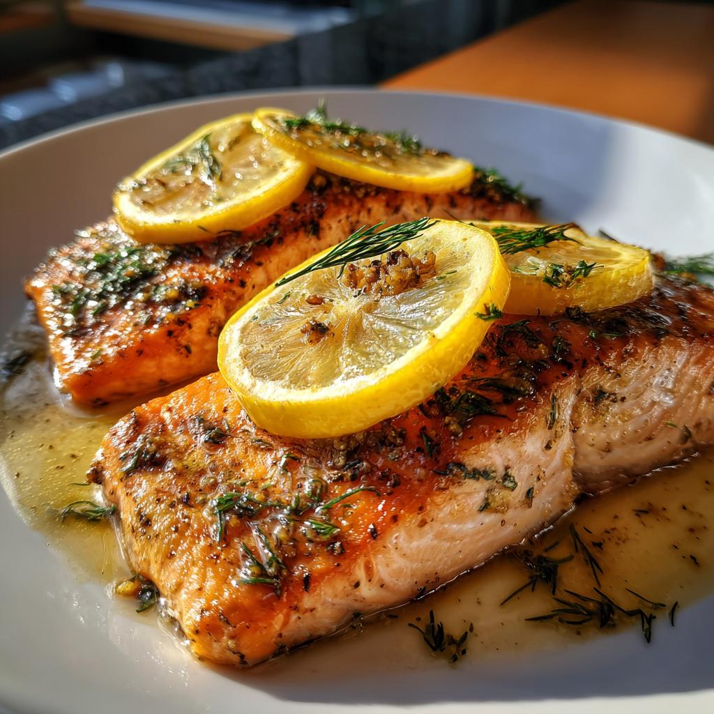 Close-up of pan-seared salmon fillets topped with lemon slices and herbs in a white dish