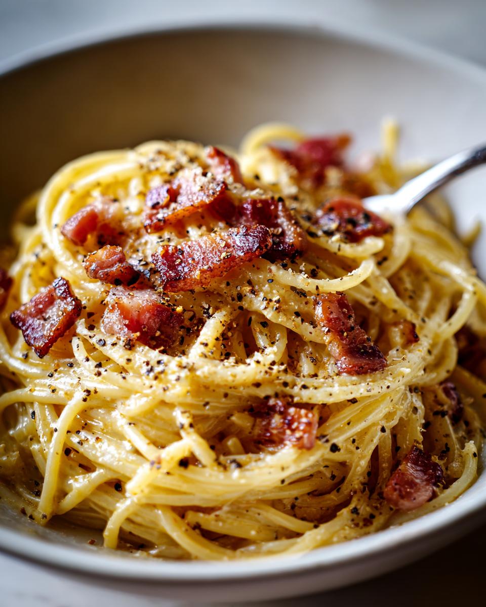 Close-up of a bowl of spaghetti carbonara, topped with crispy bacon and cracked black pepper. Part of a fork is visible.
