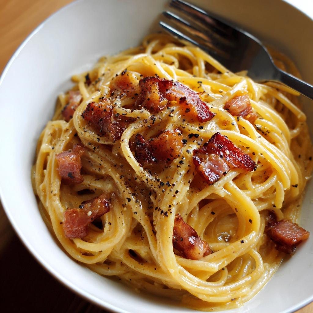 A close-up of a bowl of spaghetti carbonara, featuring creamy sauce, crispy pancetta, and black pepper. One of the best pasta recipes.