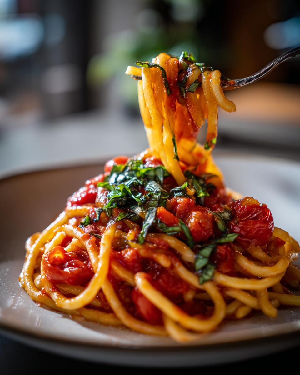 A fork twirling bucatini pasta with a rich tomato sauce, cherry tomatoes, and fresh basil, showcasing a delicious pasta dinner idea.