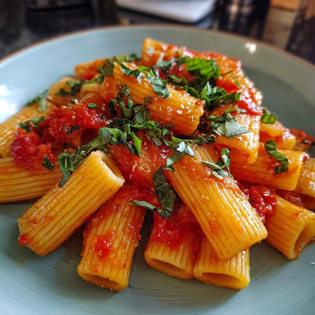 A close-up of rigatoni pasta tossed in a vibrant tomato sauce and garnished with fresh basil, perfect for pasta dinner ideas.