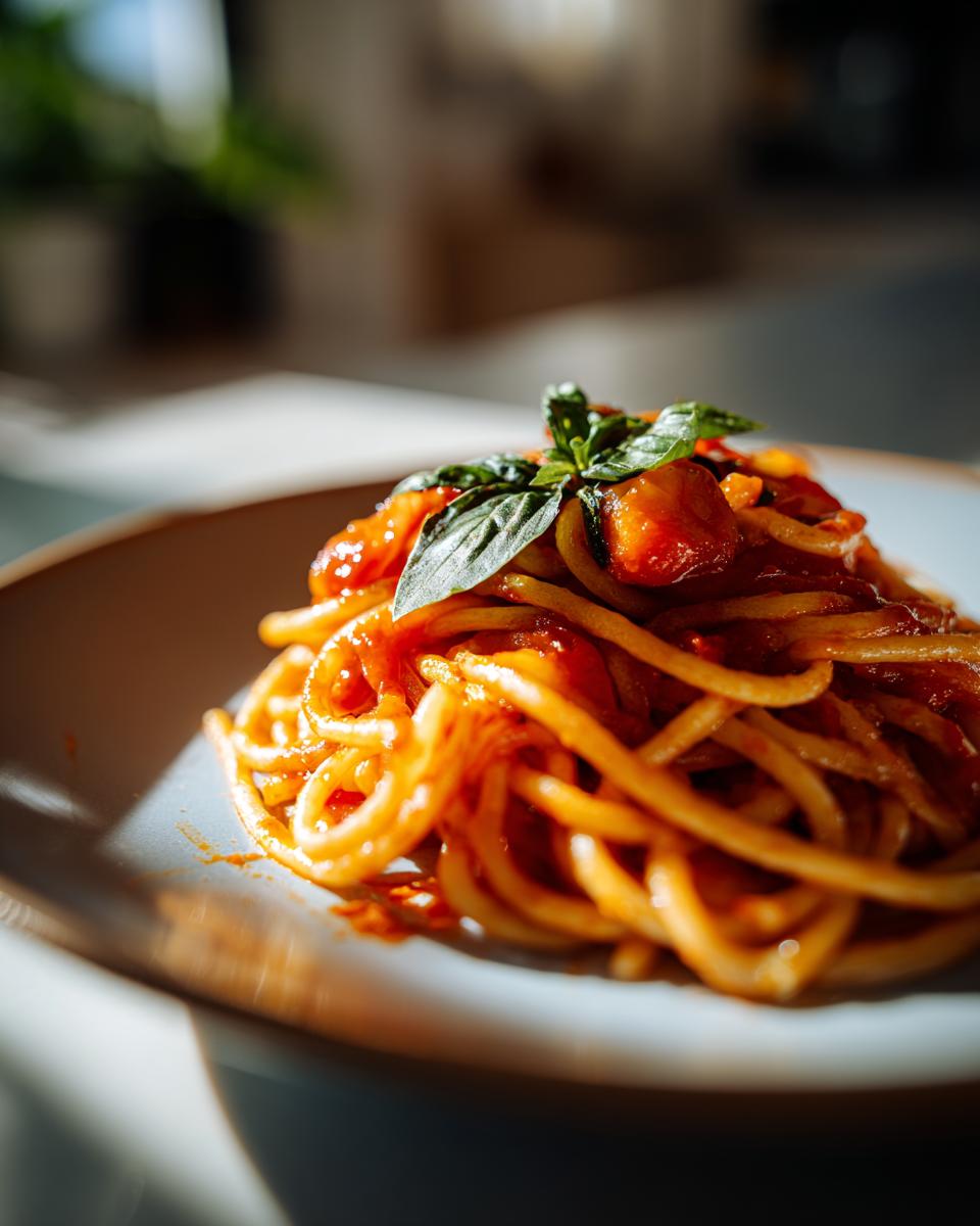 Close-up of a plate of spaghetti with a rich tomato sauce and fresh basil, perfect for pasta dinner ideas.