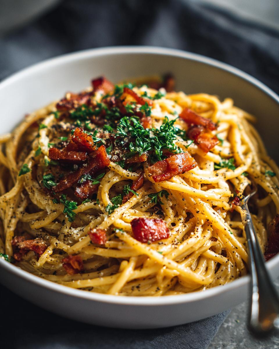 Close-up of a bowl of spaghetti carbonara, a classic pasta recipe, topped with crispy bacon and fresh parsley.