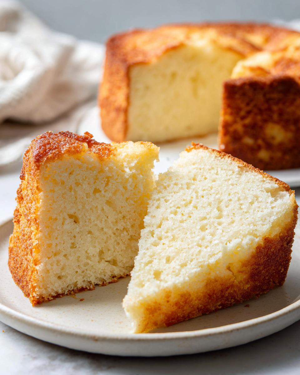 Two slices of a plain homemade cake with a golden brown crust on a white plate.