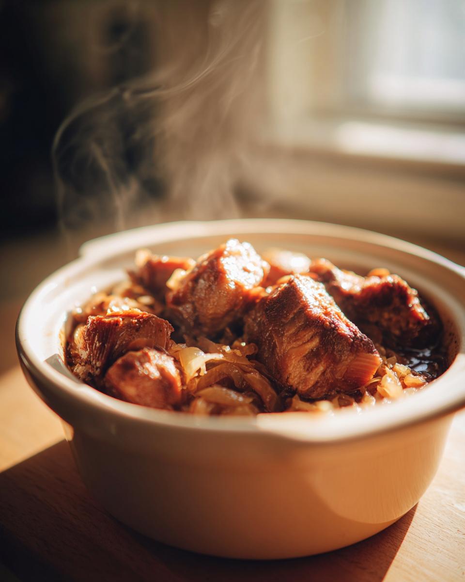 Close-up of a steaming crockpot filled with tender pork and sauerkraut.
