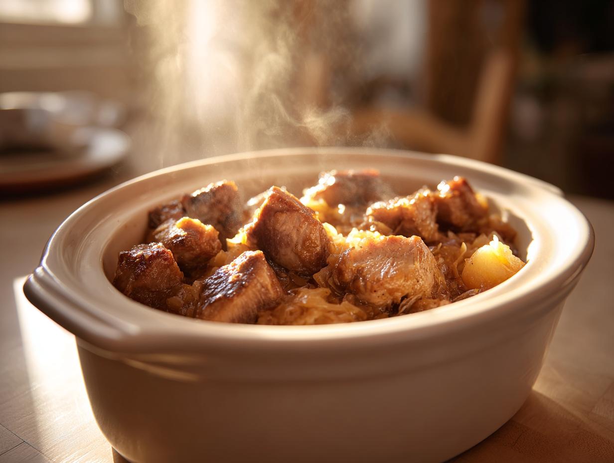 Close-up of a crockpot filled with tender pork and sauerkraut, with steam rising.