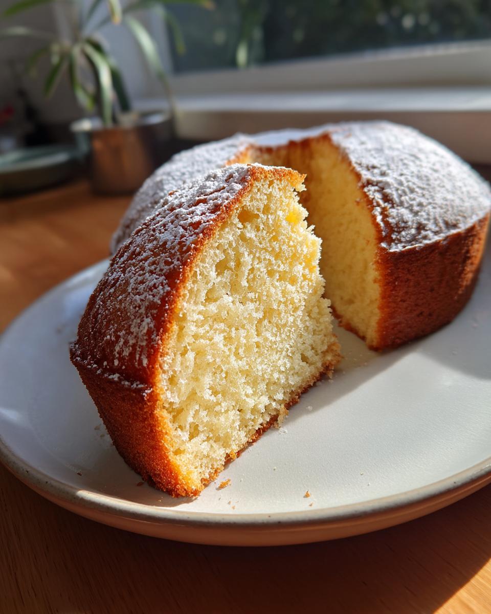 A slice of fluffy pound cake dusted with powdered sugar, showcasing its golden crust and tender crumb. One of the best cake ideas.